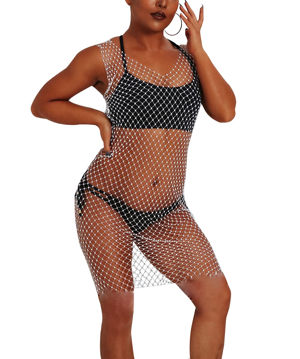 BhgytecWomen’s Mesh See through Rhinestone Fishnet Skirts Beach Wrap Bikini Hollow Out Swimsuit Cover Up for Swimwea Clubwear
