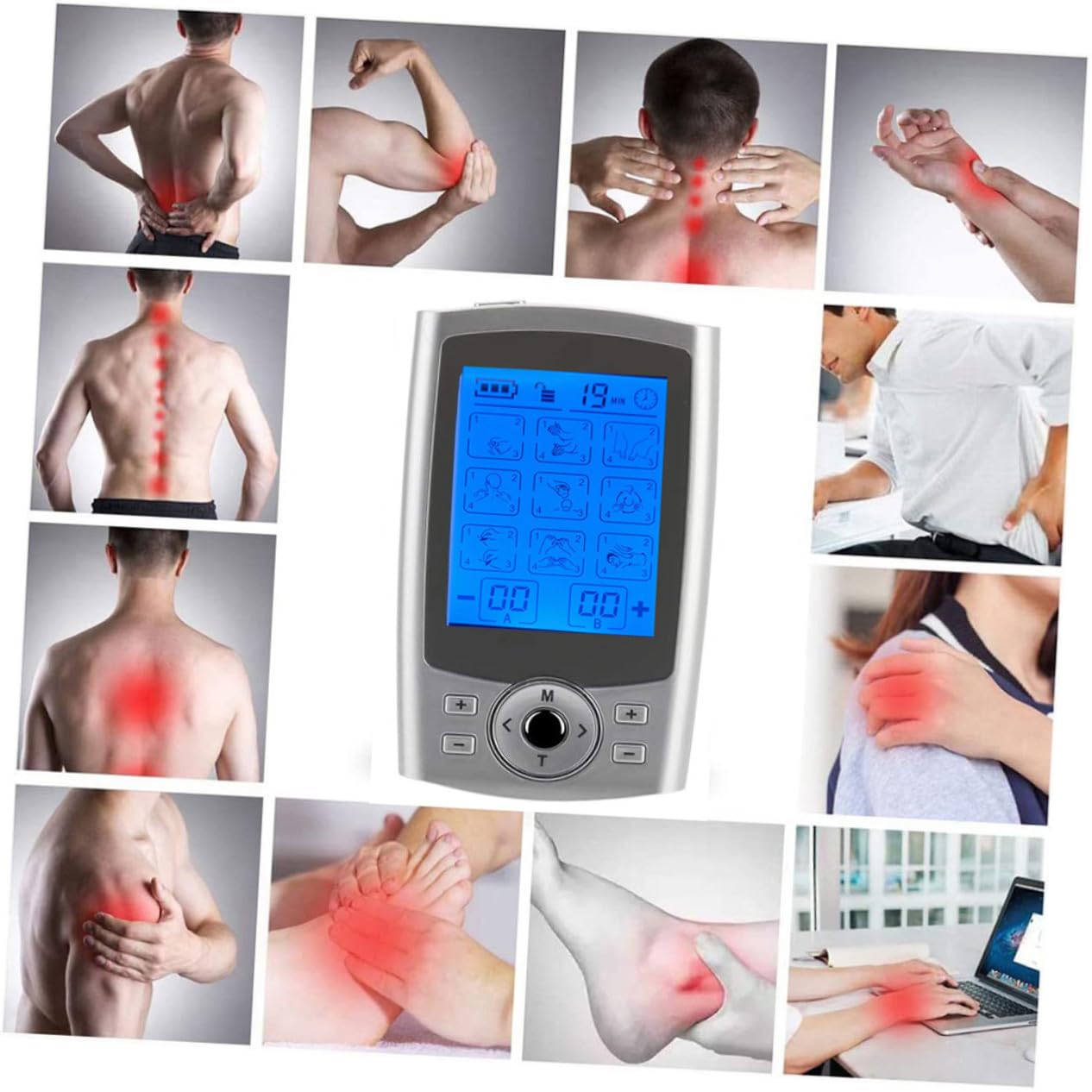 Yardwe Dispositivo de Electromasaje, Máquina de Masaje Muscular con 36 Funciones y 8 Parches de Masaje, Color Plata