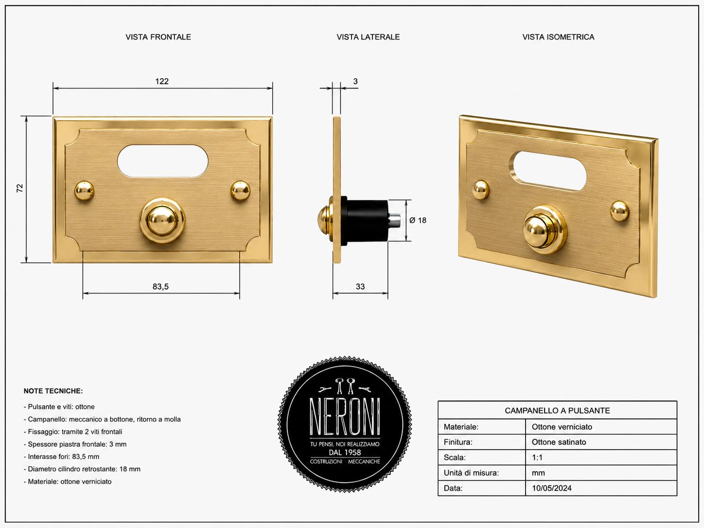 Neroni Mameli Campanello in Ottone Lucido/Satinato per Esterno abitazione - Porta Ingresso Casa, con Pulsante Elettrico - Modello Ottaviano - Made in Italy