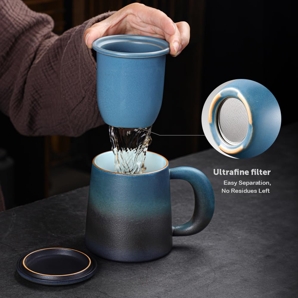 ecooe Taza de té con Filtro y Tapa, 420ml Azul Negro Taza de Te Cerámica Grande Taza de con colador de Té de Acero inoxidable con Asa(Capacidad completa)