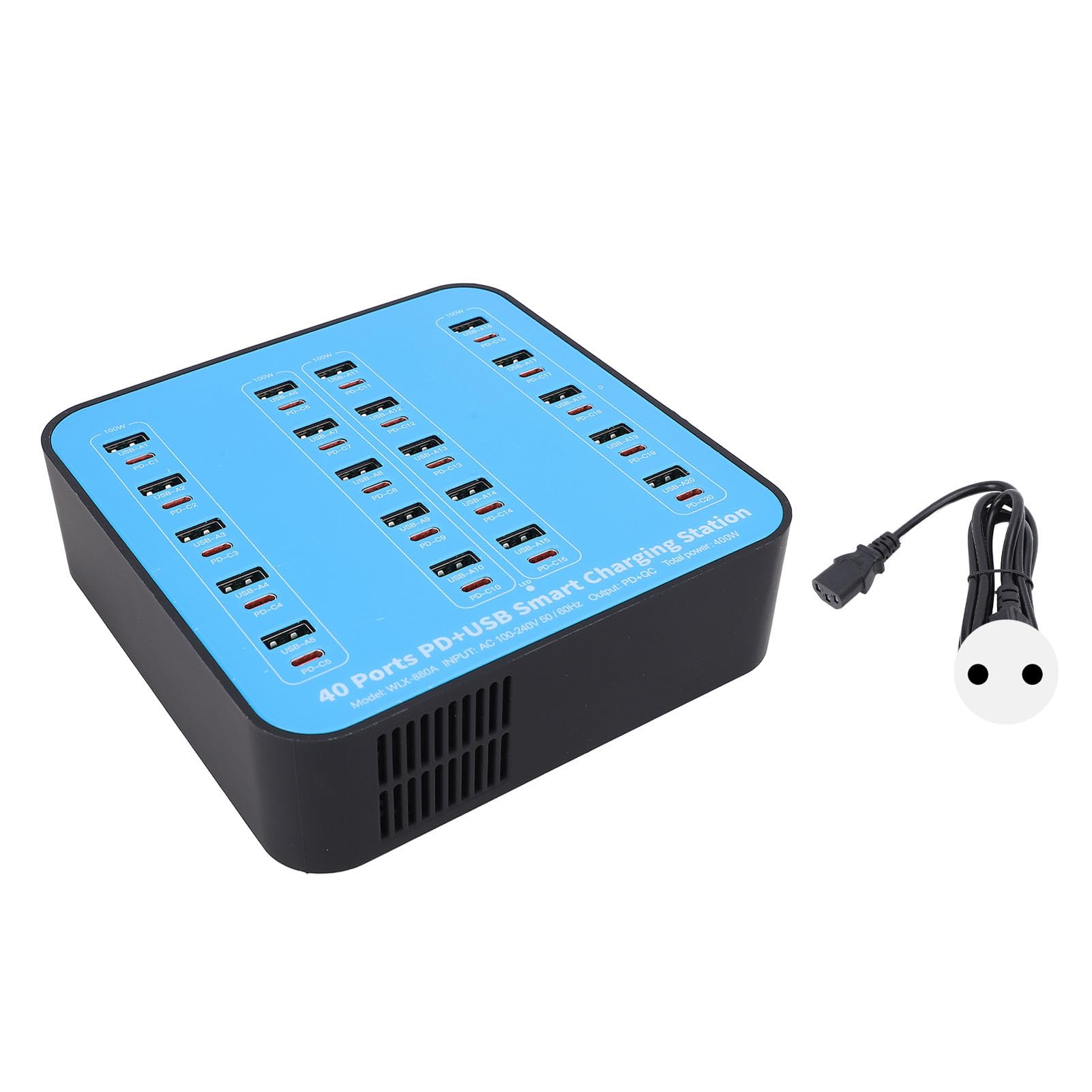 Sxhlseller Stazione di Ricarica USB a 20 Porte con Ricarica Rapida 20 PD, Caricabatterie Multidispositivo da 400 W per Smartphone, Laptop, Tablet, Doppie Ventole di Raffreddamento, per (Spina europea)