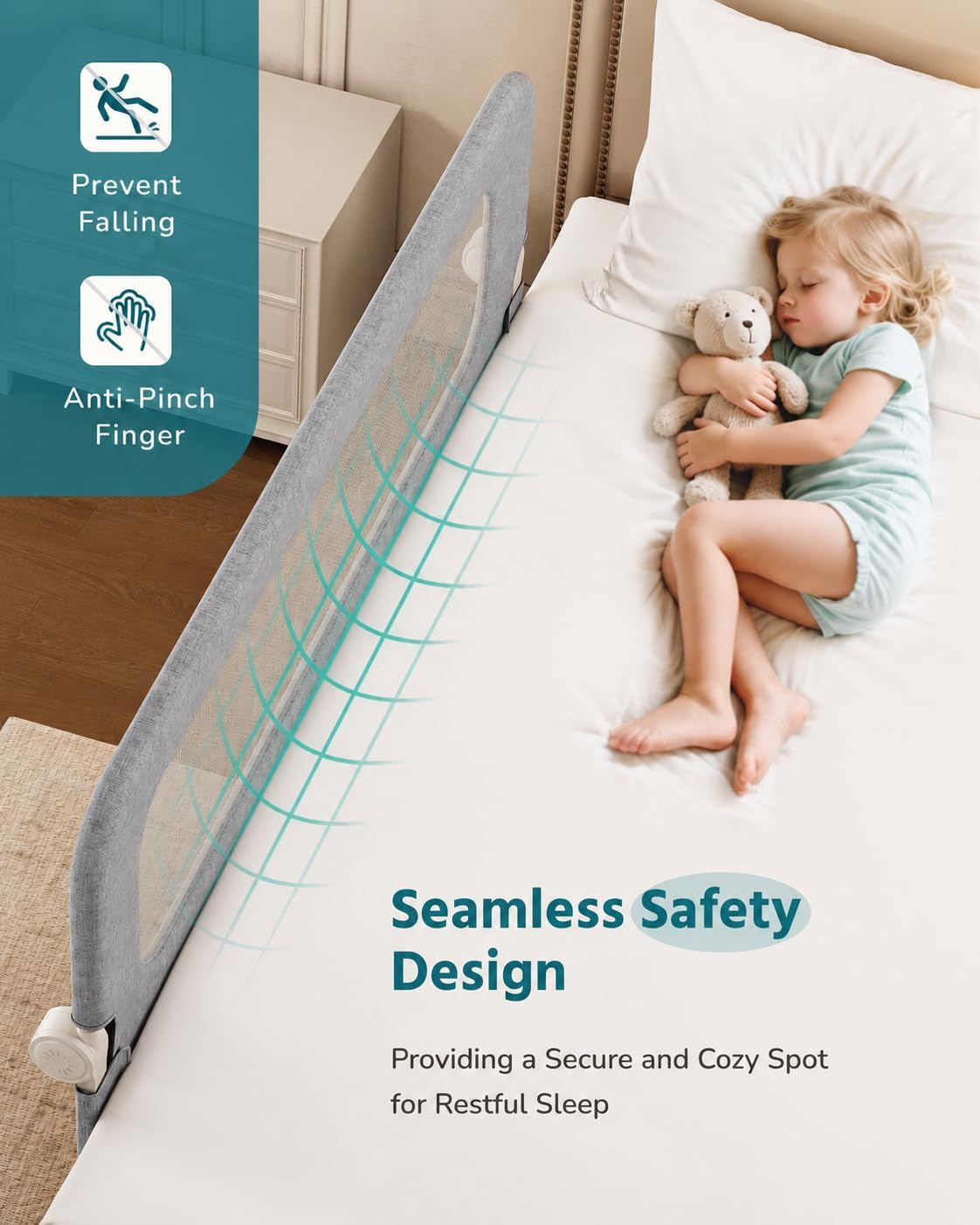 HOMEAL Bed Rail for Toddlers, 59″ Extra Long Swing Down Bed Guard with Double Reinforced Stability, Foldable Metal Safety Rail for King, Queen, Full & Twin Beds, Grey