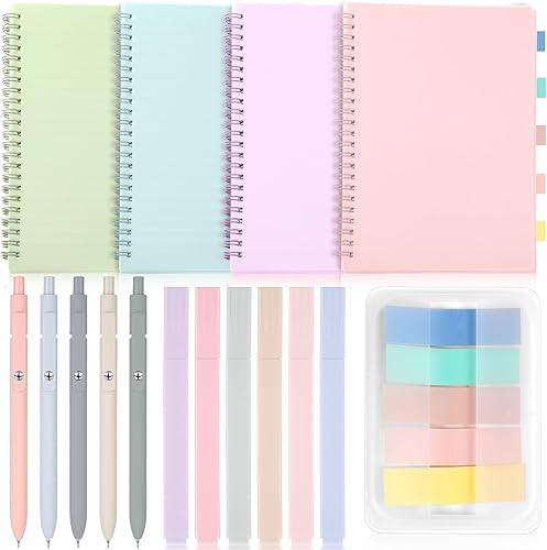 Honoson 16 cuadernos kawaii con forro A5, incluye 4 cuadernos de espiral coloridos, 5 bolígrafos de gel retráctiles, 6 resaltadores estéticos