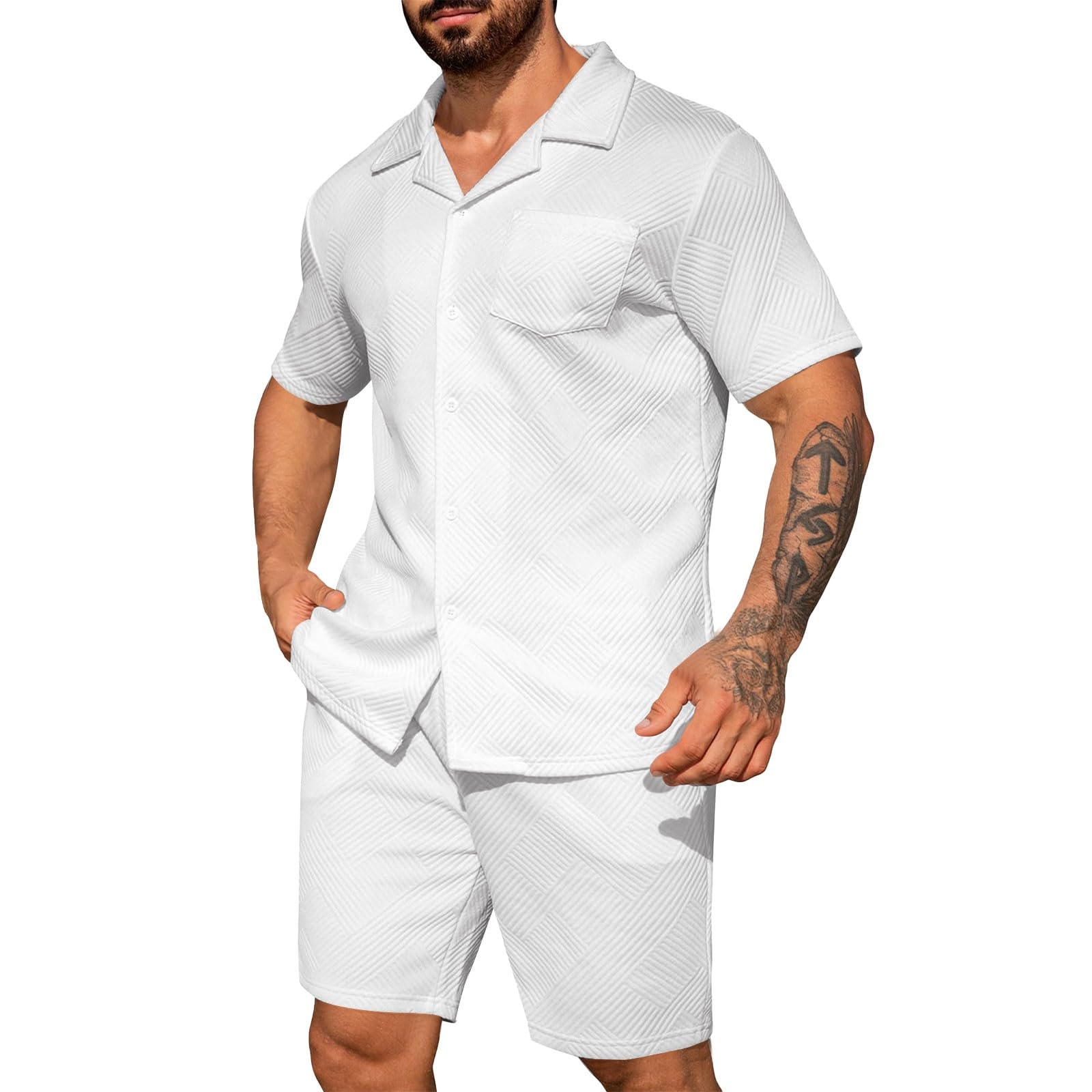 Tuta corta per il tempo libero da uomo, con motivo strutturato, set estivo, tinta unita, elegante tuta estiva con maglietta e pantaloncini estivi, traspirante, comoda tuta da casa per il tempo