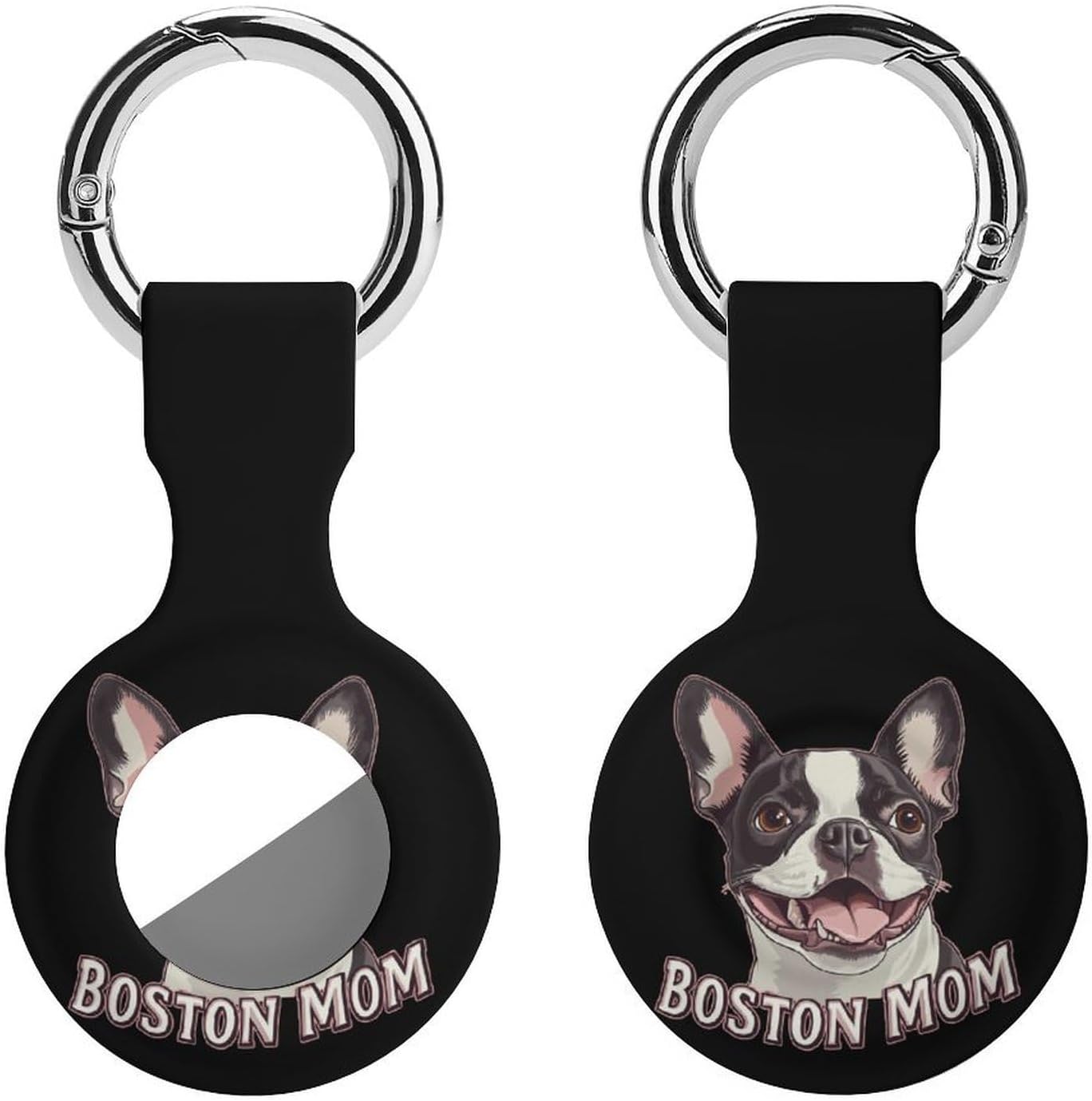 Boston Mom Terrier Dog Face Case Compatible with AirTag Holder Cover with Keychain Ring for Bags Luggages