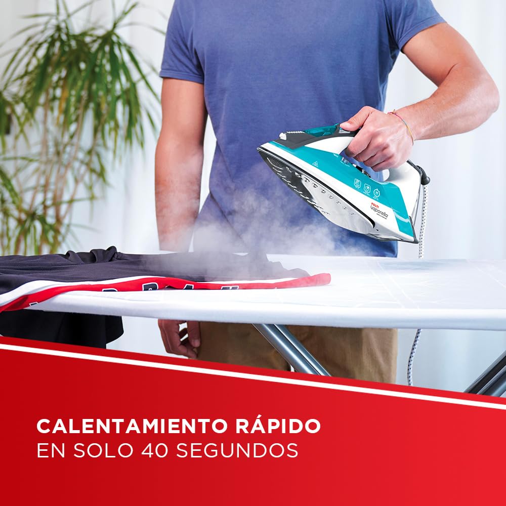 Polti Vaporella Quick&Comfort QC120, Plancha de Vapor con Suela de Acero Inoxidable, Empuñadura Soft Touch, Potencia 2200 W, Depósito 300 ml, Golpe de Vapor 180 g, Azul Claro y Negro
