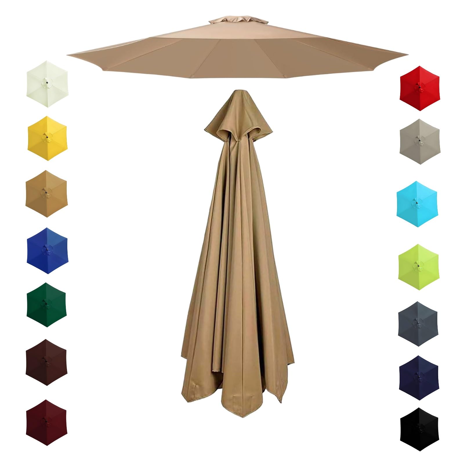 200cm 230cm 270cm 300cm 6/8 Ribs Garden Replacement Parasol Canopy, Replacement Parasol Top Canopy Fabric Cover for Garden Patio Outdoor, Waterproof Sun Umbrella Cloth(Khaki,2.7m/8 Arms)