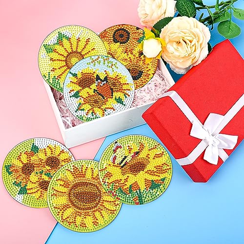 Image of 8 Pcs Sunflower Diamond Painting Coasters with Holder, DIY Diamond Art Coasters Kit, Small Diamond Art Kits Non Slip Handmade Table Decor Craft for Adults