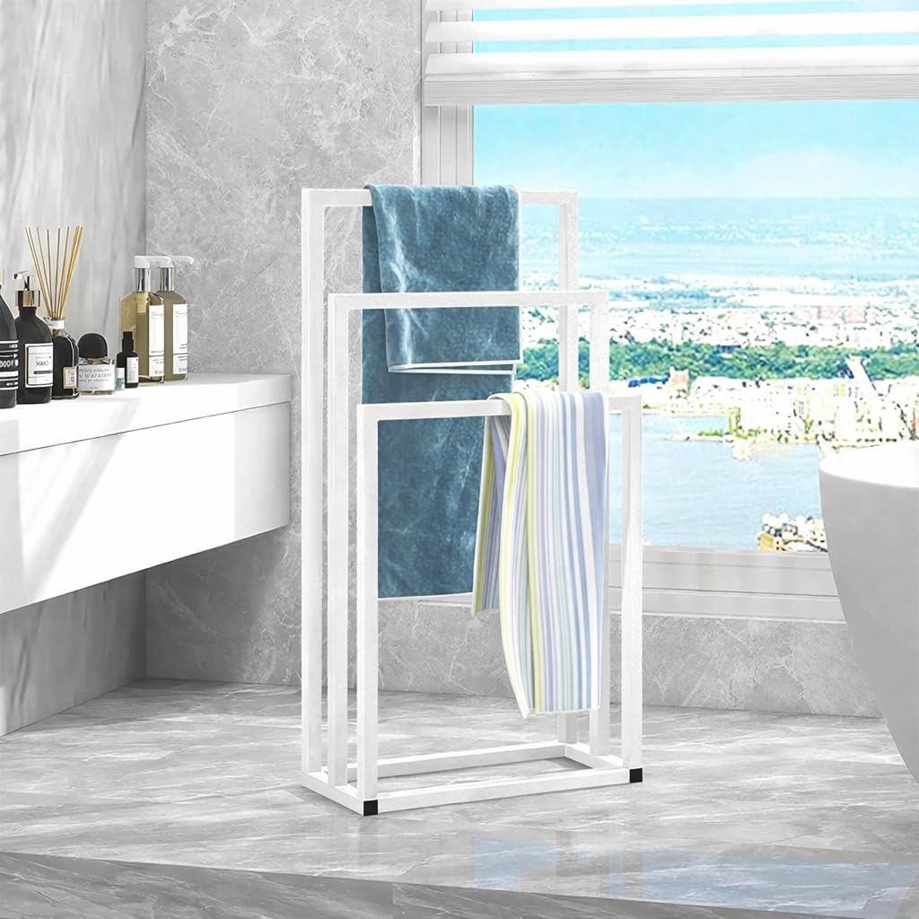 52579 Decorative Space Saving Freestanding Towel Stand Brown Floor Standing Towel Stand/Bath Organizer/Towel Drying Rack 45 x 22 x 86 - White-image-40