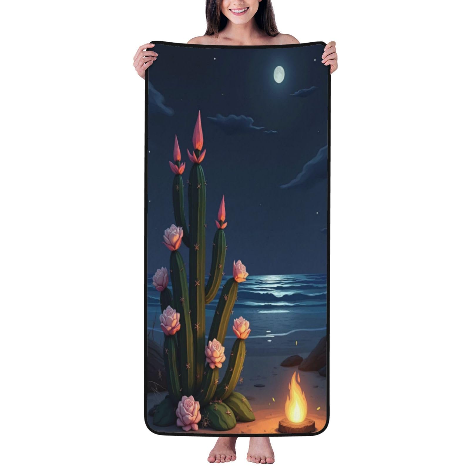 Drap de bain en coton de qualité supérieure motif cactus bleu sarcelle 61 doux et absorbant