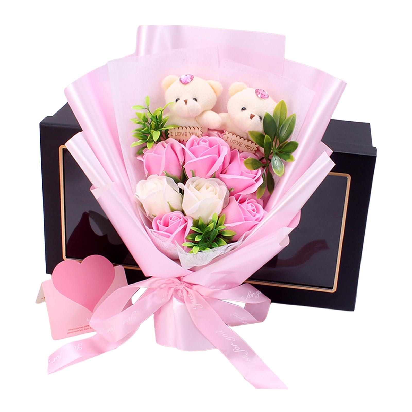 Bouquet de Fleurs Savon Bouquet Floral Artificiel Arrangement Floral avec Ours En Peluche Décoration Fête Anniversaire Adapté pour Salon Chambre Table, rose