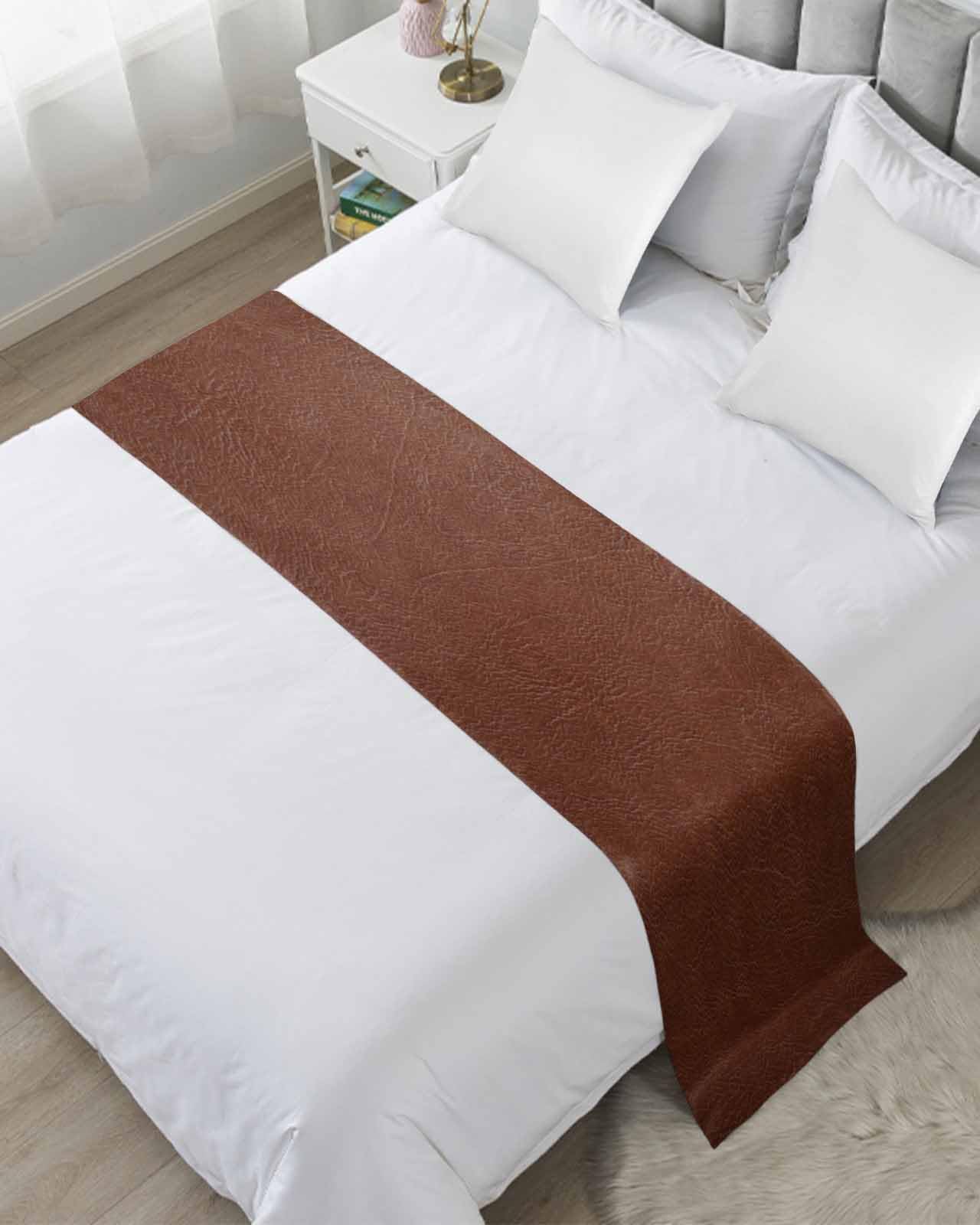 Yukro Bed Runner Scarf, Boho Brown Leather Texture Farmhouse Style King Bed Scarf Runner, No Fading Decorative Bedding Scarf for Bedroom Hotels Homes and Guestrooms