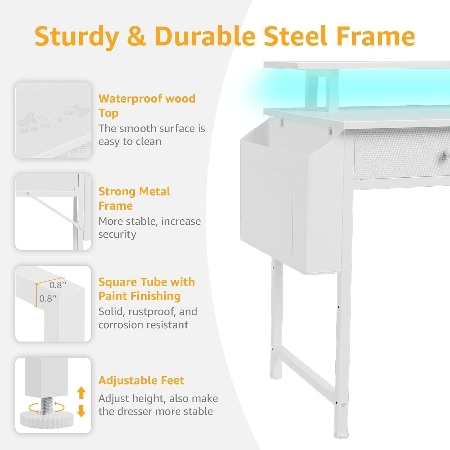 Close-up of the desk's sturdy steel frame, square tube, and adjustable feet