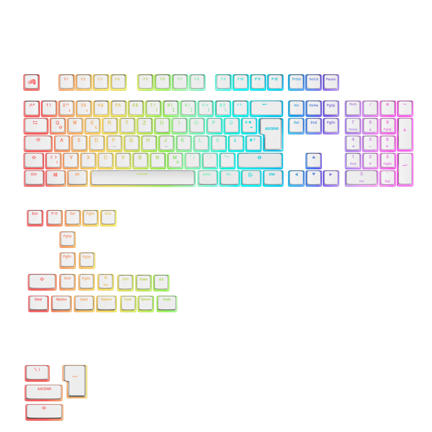 Glorious Gaming - GPBT Aura RGB : Pudding-Style-, Double-Shot PBT, lichtdurchlässig, für mechanische 100%-, 75%-, 65%- und 60%-Spezialtastaturen, Weiß, Deutsche QWERTZ-Belegung