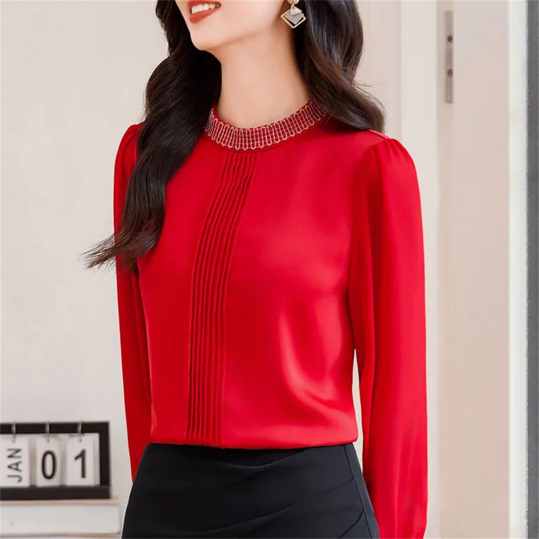 Blusa de manga larga para mujer, cuello alto, plisada, para oficina, para viajeros