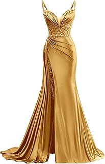 Spaghetti Strap Satin Prom Dresses Long V Neck Mermaid Evening Gown Corset Applique Formal Dress with Train - Buy now