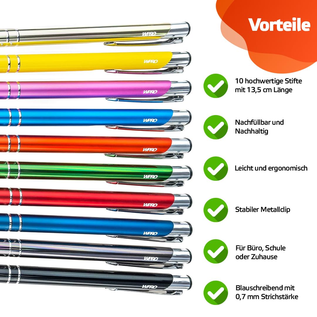 WPRO 100 Stück Metall Kugelschreiber schwarz | Blauschreibende austauschbare Großraummine | Metallclip | Hochwertig | Für Büro und Studium