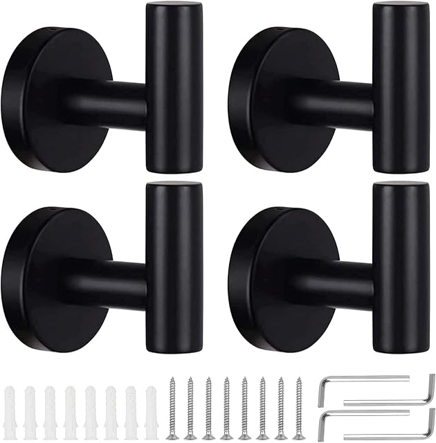 4 Pack Towel Hooks, KissDate Wall Coat Hook Bathroom Matte Black Robe Hook SUS 304 Stainless Steel Heavy Duty Door Hanger Clothes Cabinet Closet Sponges Hook Shower Robe Hand Hooks for Bathroom