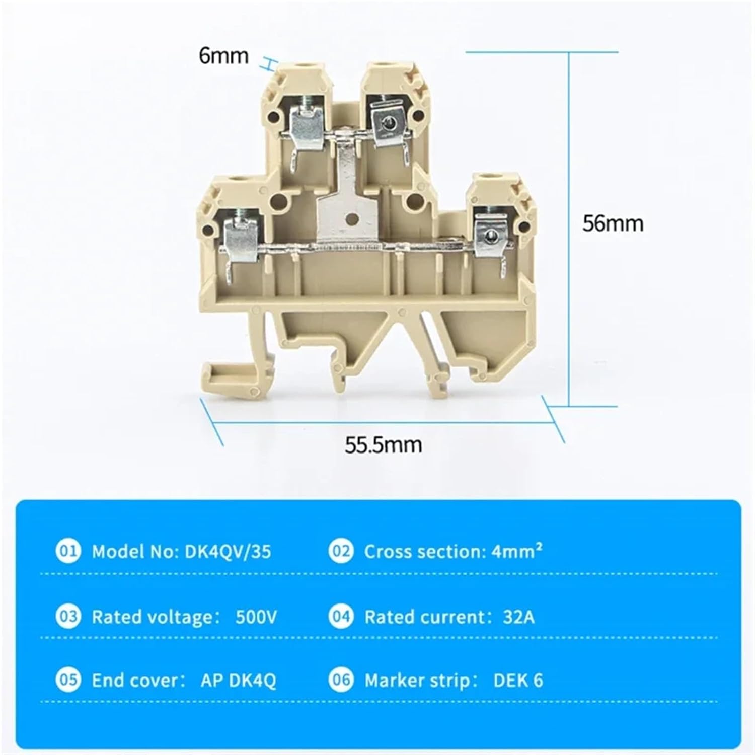 10Pcs DK-4QV/35 Din Rail Wire Conductor Connector Two-Level Screw Clamp Terminal Blocks Inflaming Type DK4QV/35