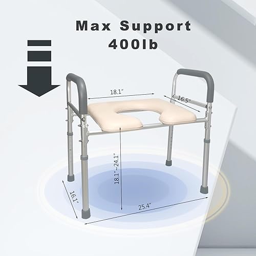 Miniatura 2 de Asiento de inodoro elevado con brazos y cojín suave en forma de U, 400 libras, 25.4 pulgadas de ancho, altura ajustable, asiento elevado, asiento