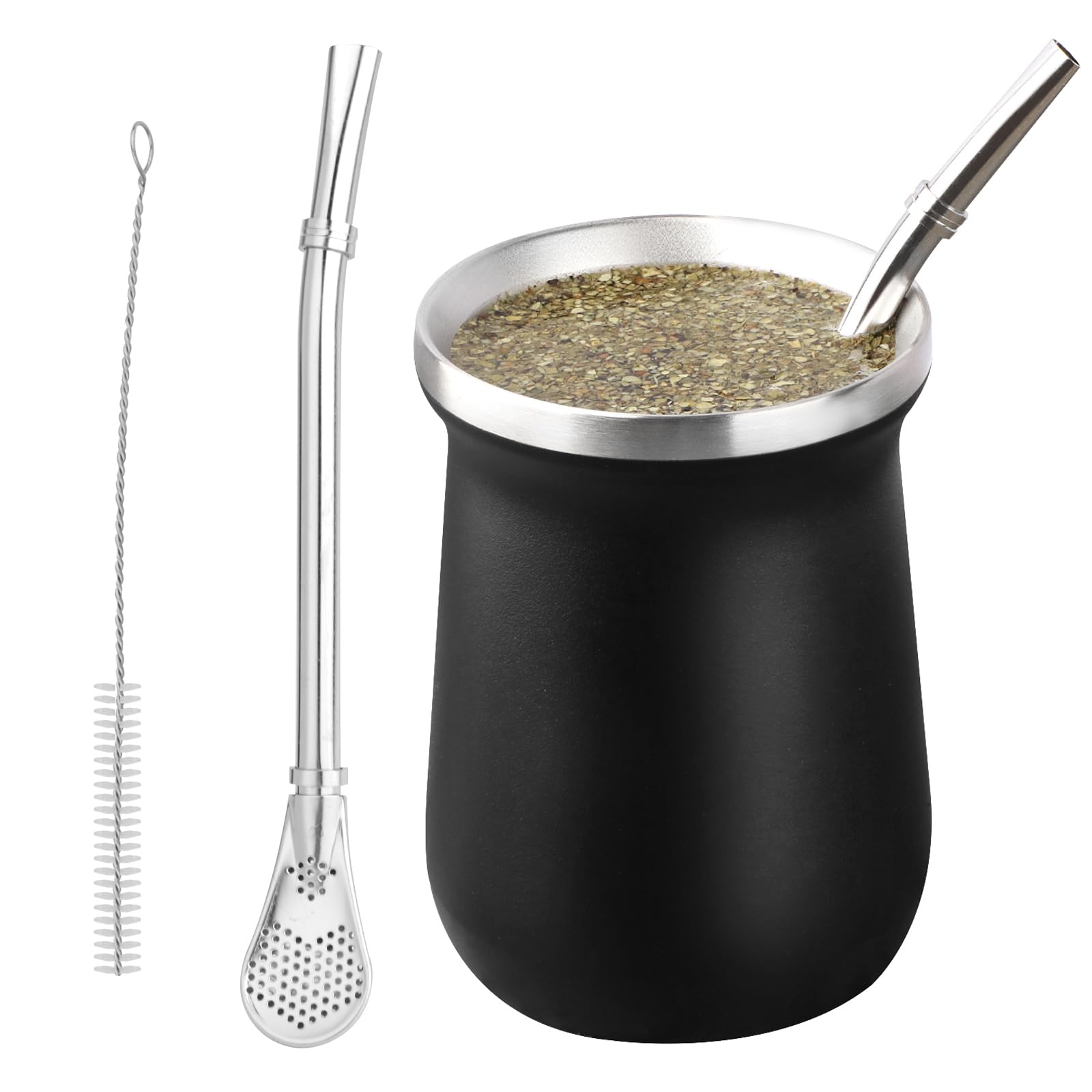 Leden Yerba Mate Cup and Bombilla Set Stainless Steel Yerba Mate Gourd with 2 Mate Straws & 1 Cleaning Brush - Double-Walled Easy to Use and Clean