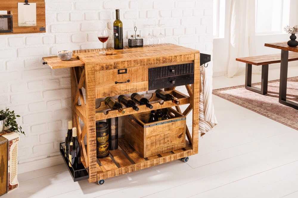 Riess Ambiente Industrial Barschrank Bodega 86cm Mangoholz Servierwagen mit Weinregal und Aufhängung