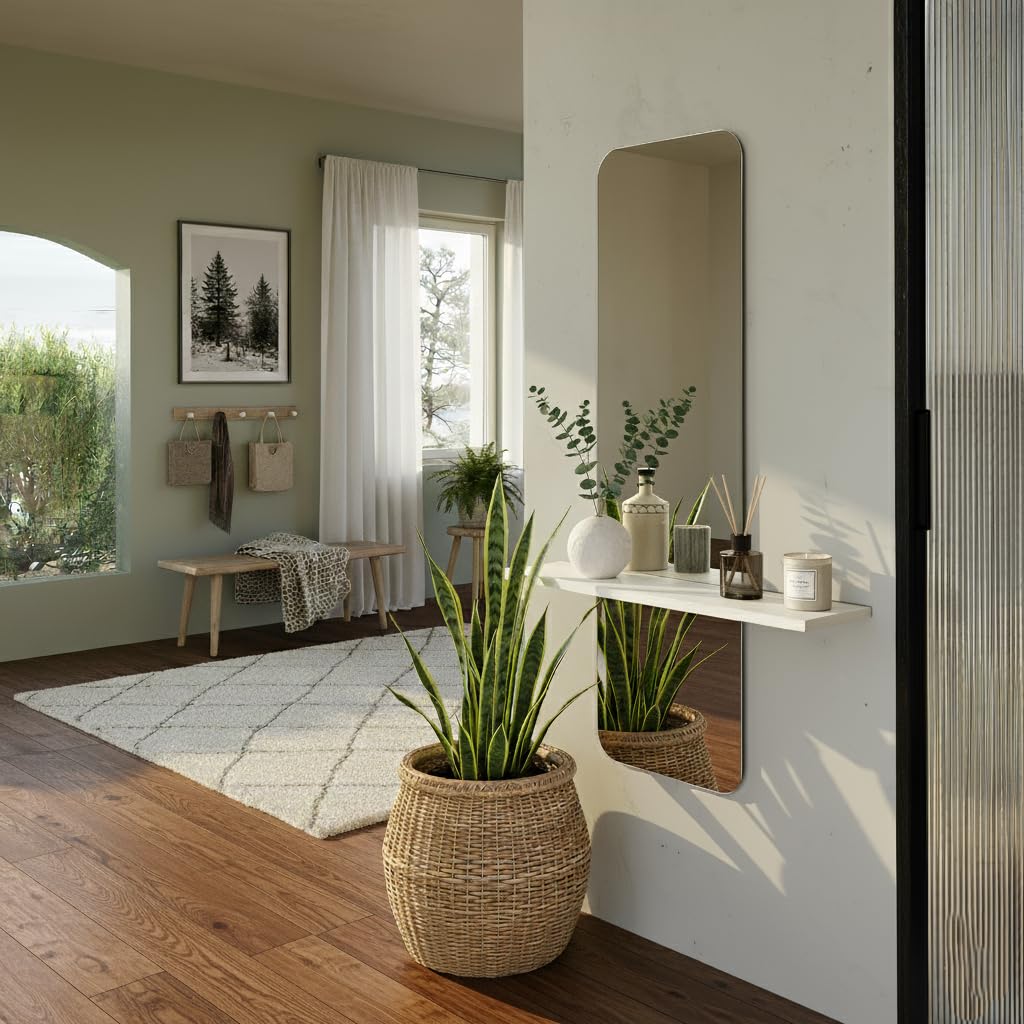 ARHome Specchiera Sagomata con Mensola Modern, 130 x 80 x 19 cm, Bianco Frassinato (Prodotto in Italia)