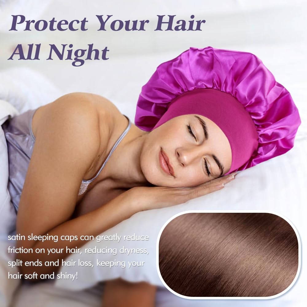 Yoosit 8 Pack Colors Satin Lined Silky Sleeping Bonnets Sleep Caps Curly Long Hair Protector Night Large Adjustable Wide Brim Band Sleep Hats Hair Wraps for Women Girls (Mix Colors) - Image 3