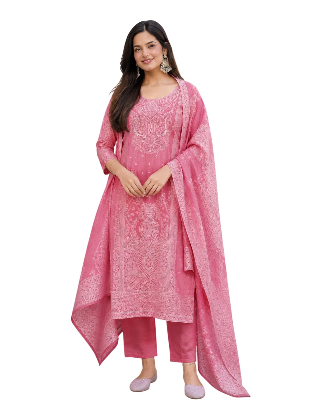 Women Pink 100% Pure Cotton Kurta Pant Set with Dupatta | Jacquard Work Straight Kurta with Round Neck | Ethnic Suit Set for Festive, Office, Casual-picture-50