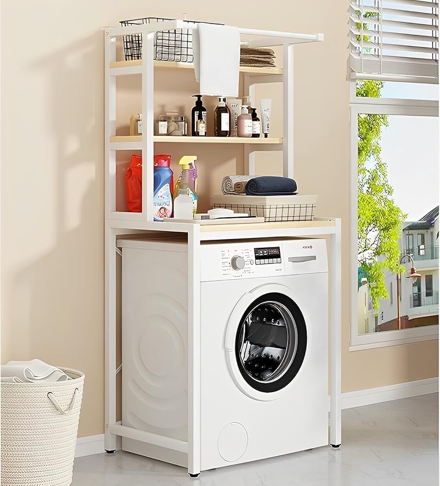 3-Tier Laundry Room Shelf, Over The Washer and Dryer Storage Shelf, Above Washing Machine Shelf, Shelves Above Toilet with Hanging Rod, Bathroom Organization Space Saving Shelving Units(Color:White)
