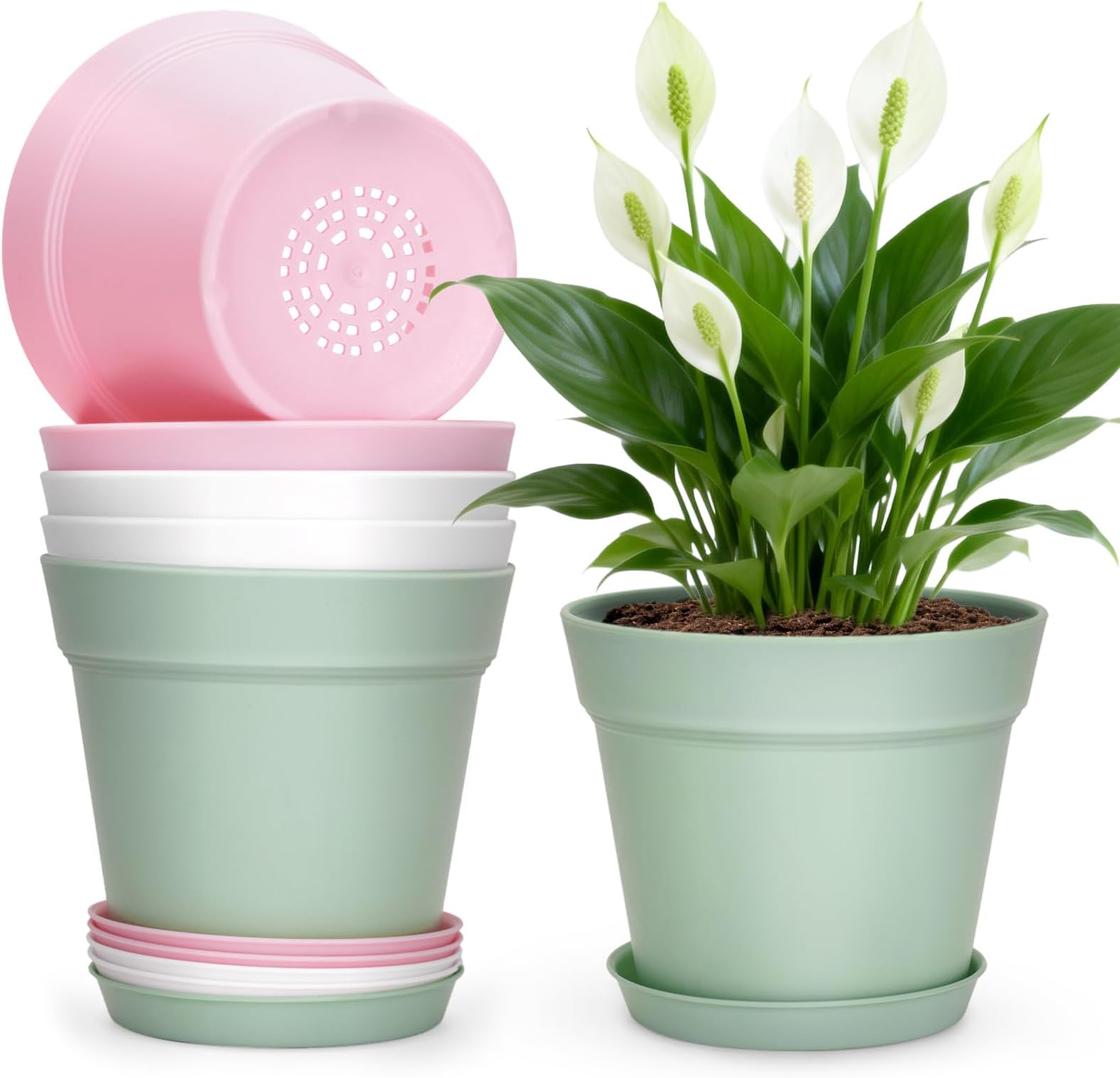 6Pcs Plastic Plant Pots Indoor Outdoor, 6 Inch/15cm Colored Plant Pots Modern Flower Pot for Office Desk House Plants with Drainage Holes and Trays