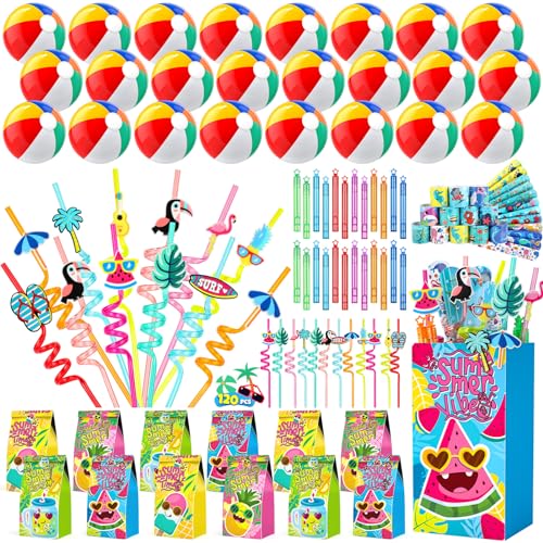 Pool Party Favors and Beach Party Favors - 120 PCS Party Bag Stuffers Including Beach Balls, Summer Theme Straws, Bubble Wands, and more for Beach Pool Party Favors, Birthday Party Supplies 4-8 8-12