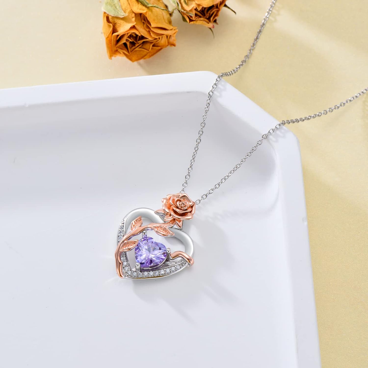 OCJ Birthstone Necklace for Women 925 Sterling Silver Rose Flower Heart Pendant Necklaces Anniversary Jewelry Birthday Christmas Gifts for Her Wife Girlfriend - Image 5