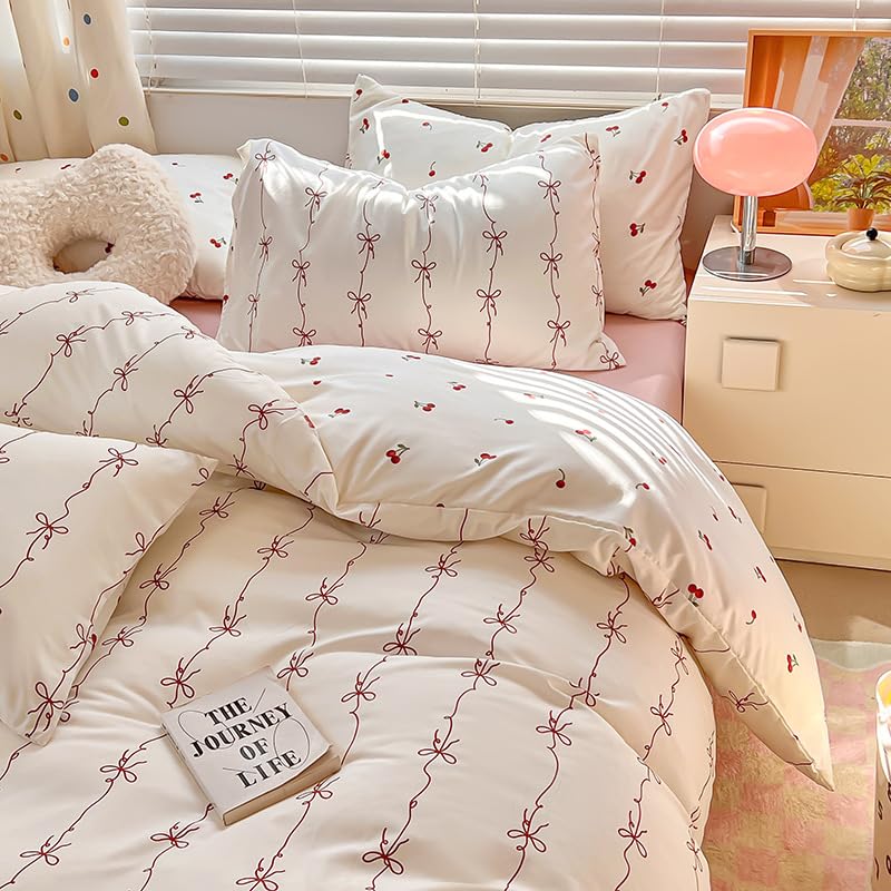 Lanqinglv Ropa de cama de 200 x 220 cm, para niña, color blanco y rojo, con lazos de cereza, ropa de cama reversible de microfibra, funda nórdica con cremallera y 2 fundas de almohada de 80 x 80 cm