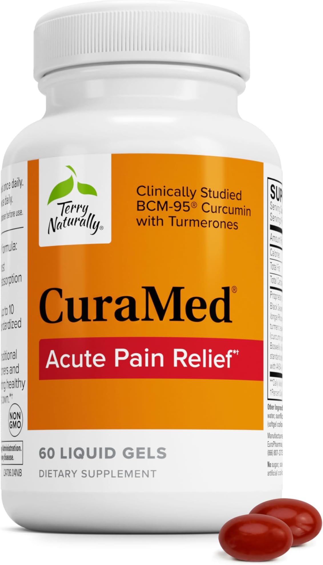 Curamed Acute Pain Relief - 60 Liquid Gels - With Curcumin Bcm-95 & Boswellia - Small, Easy To Swallow, Fast Dissolving - Non-GMO - 30 Servings 60 Count (Pack of 1)