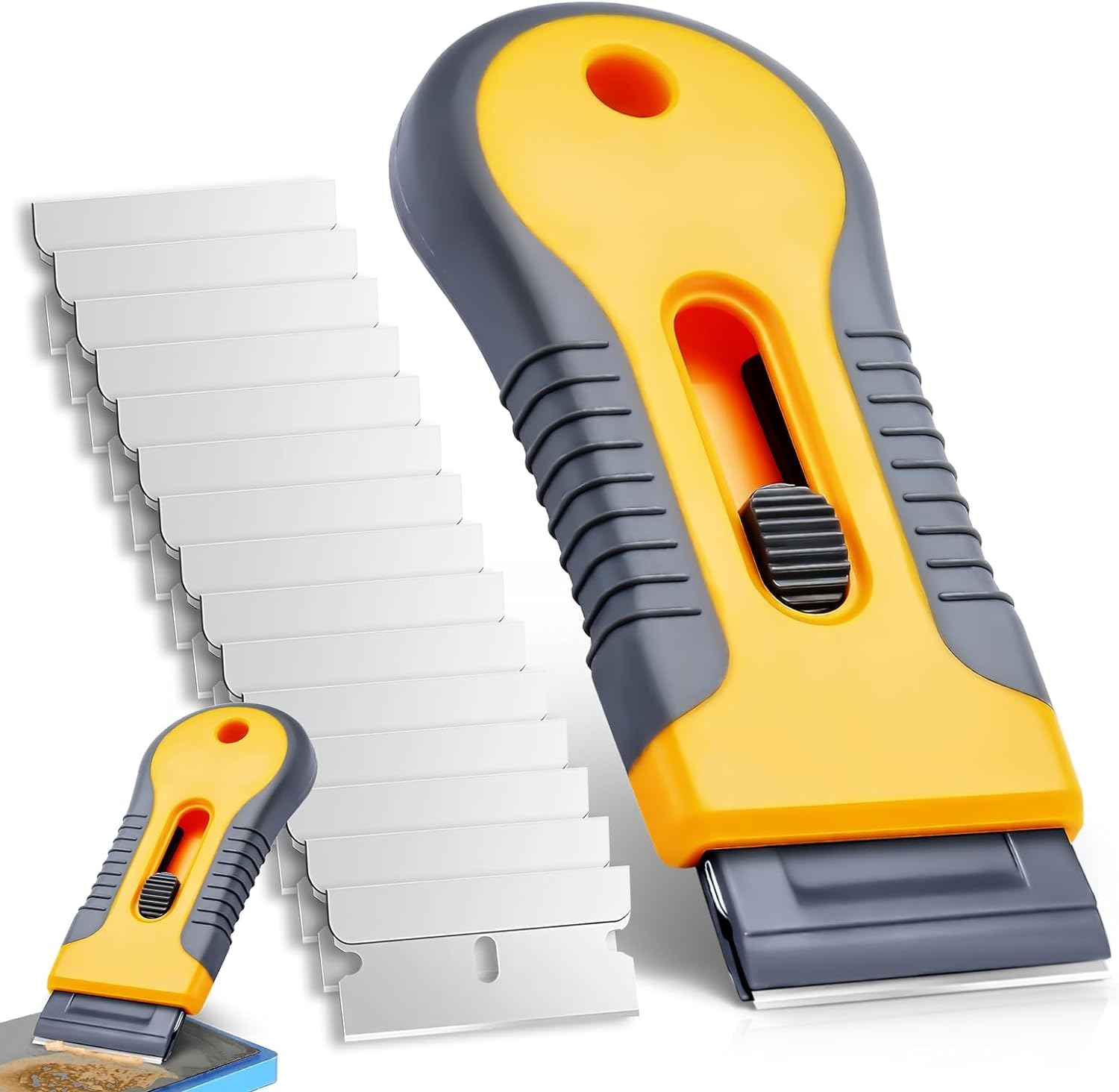 Razor Blade Scraper, Cleaning Razor Scraper for Glass with 15 pcs Extra Blades, Razor Blade Retractable for Removing Labels, Stickers, Decals, Glue Residue, Paint from Glass (Yellow)