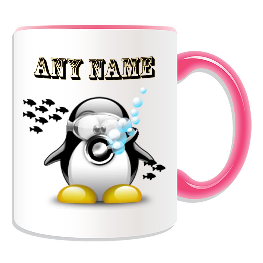 UNIGIFT Personalised Gift - Diving with Fish Mug (Penguin in Costume Design Theme, Colour Options) - Any Name/Message on Your Unique - Scuba Diver