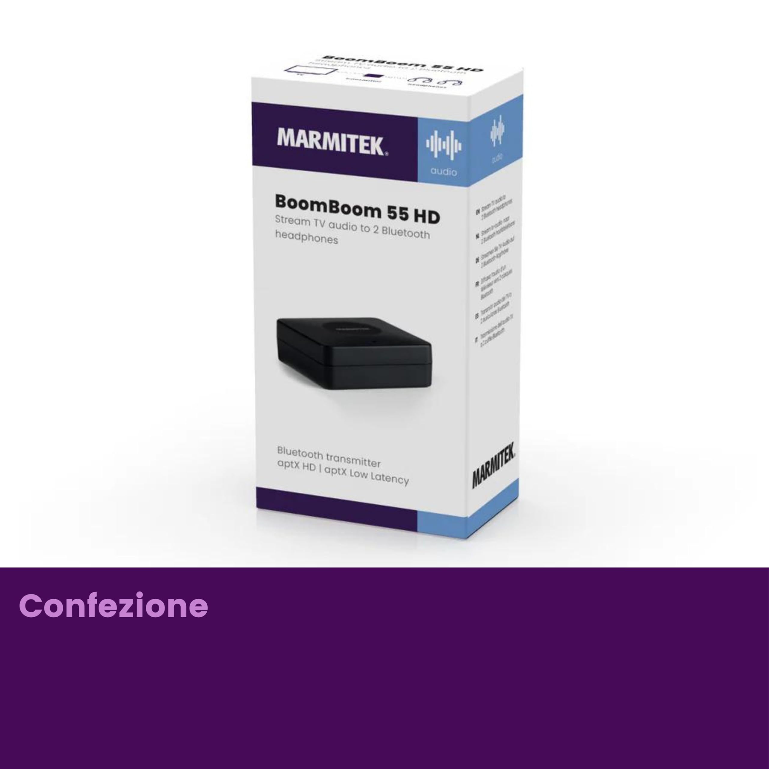Marmitek BoomBoom 55 HD - Trasmettitore Bluetooth TV aptX HD Low Latency | Trasmettitore audio Bluetooth per 2 cuffie contemporaneamente con aptX Adaptive, Toslink, coassiale, jack 3,5 mm e aptX HD