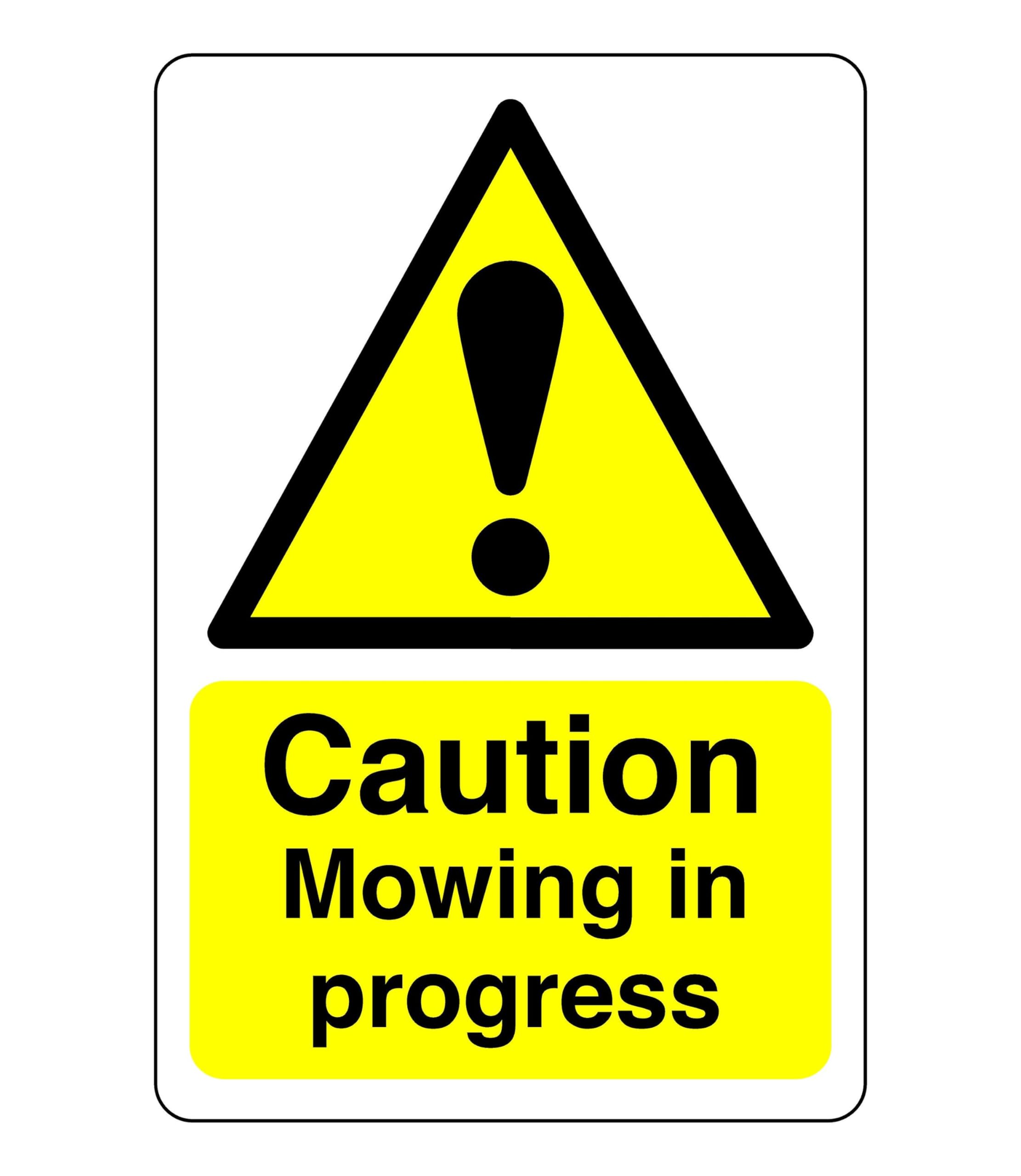 Safety First Display LTD Caution mowing in progress - High tack self-adhesive sticker (150mm x 100mm) Viewing Distance within 3m.