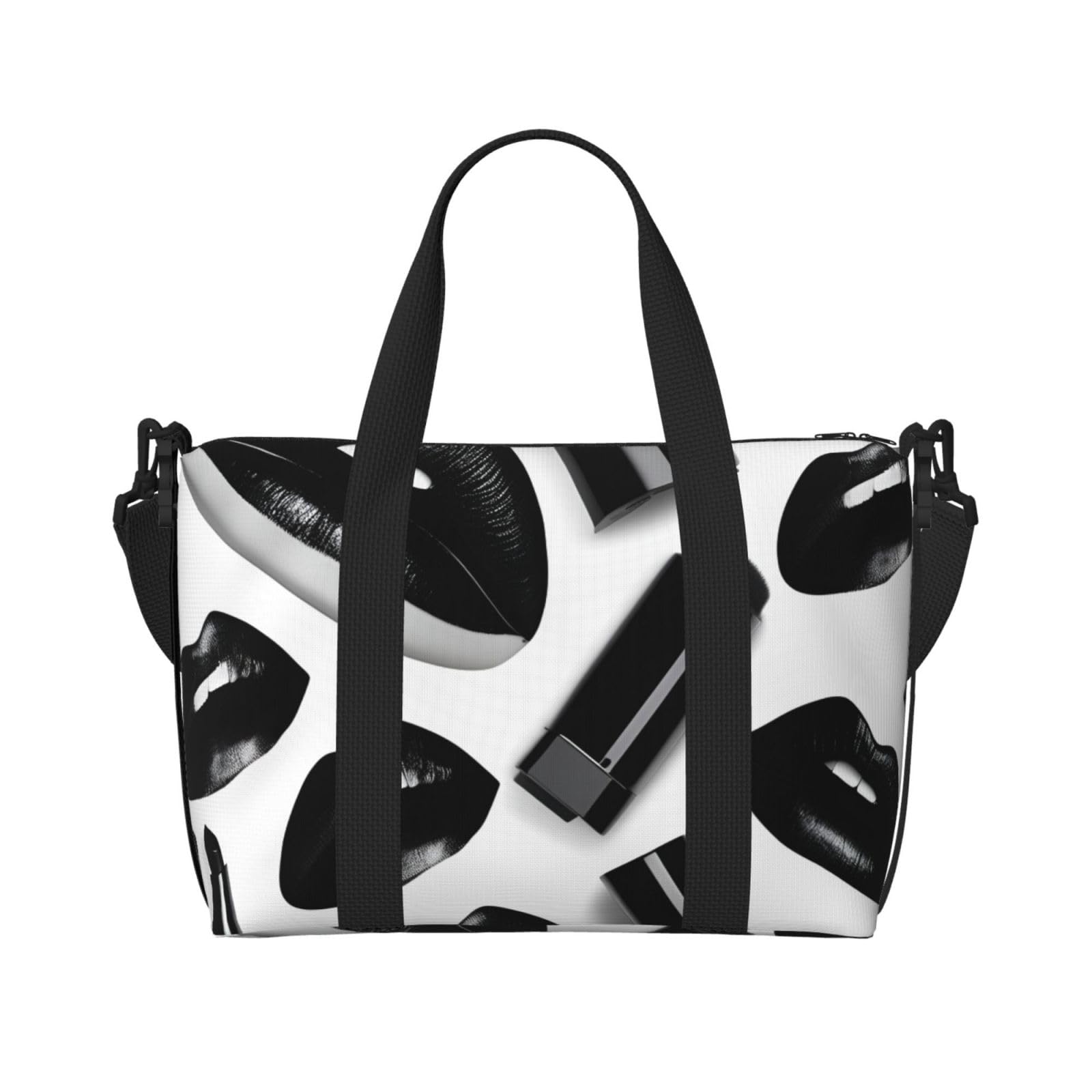 Bolso de mano negro con estampado de labios, accesorio de hombro versátil 8