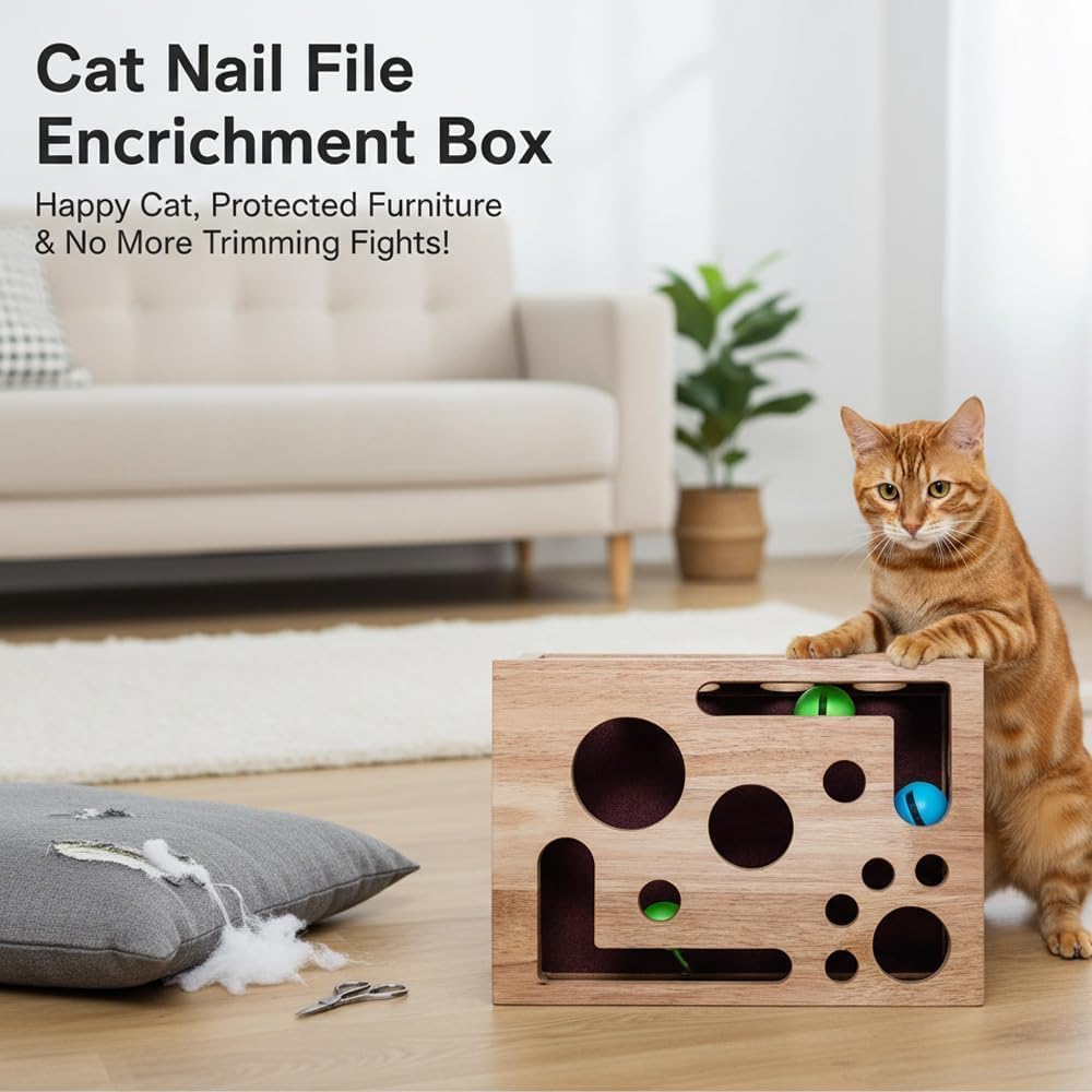 Cat Nail File Box, Cat Nail File Scratcher, Cats Scratch Puzzle Enrichment Box, for Indoor Cats, Stress-Free Alternative to Claw Clippers & Grinders (1pcs)