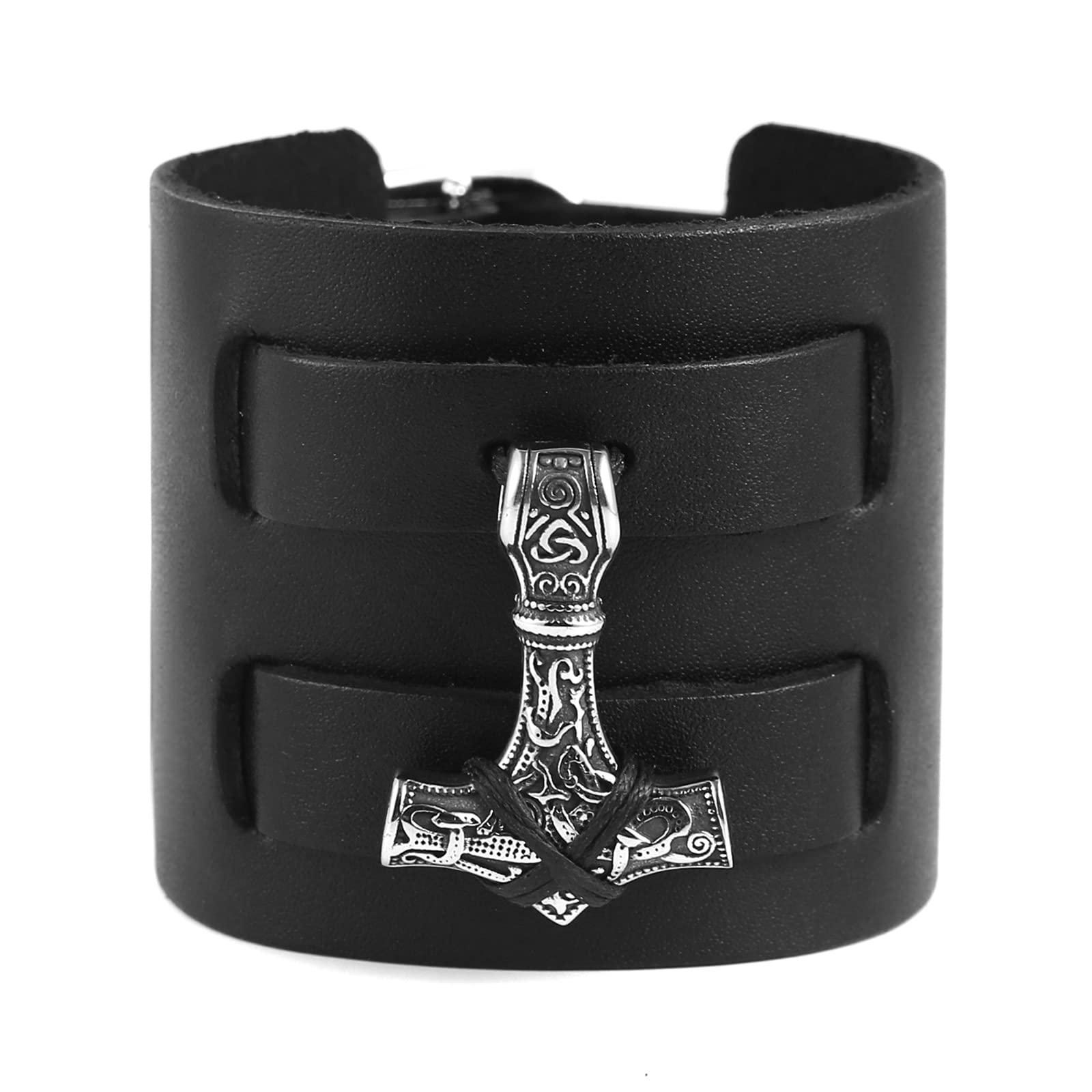 STWTR Stainless Steel Nordic Viking Rune Mens Wide Cuff Wristband Punk Rock Motorcycle Wide Belt Leather Bracelet