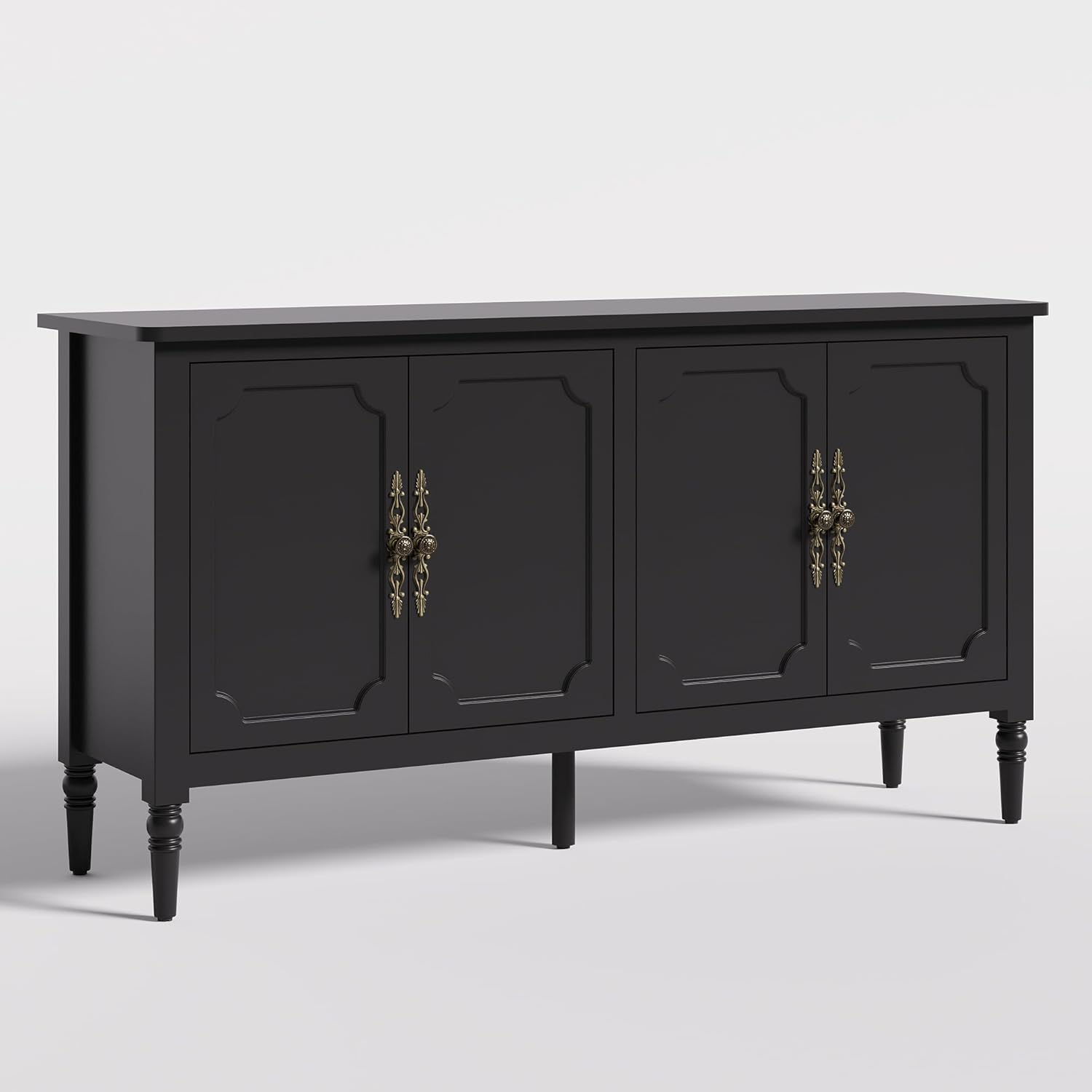 FansaFurn Console Table, 58'' Mid Century Modern Pantry Cabinet, Wood Buffet Sideboard, Media Credenza with 4 Doors, Accent Storage for Entryway, Living Room, Bedroom, Dining Room (Black)