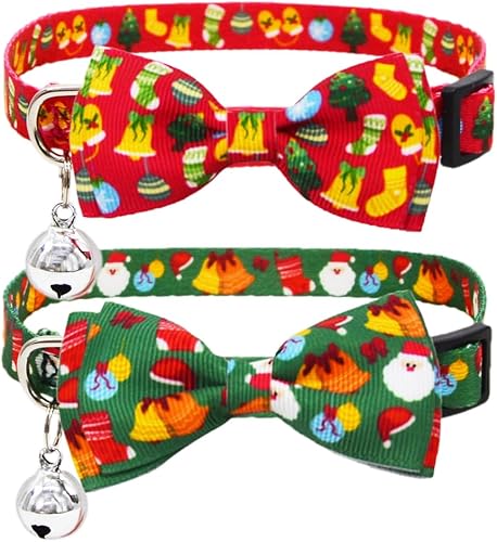 Paquete de 2 collares navideños para gatos con pajarita y campana, collares de gatito con corbatín de seguridad, rojo y verde