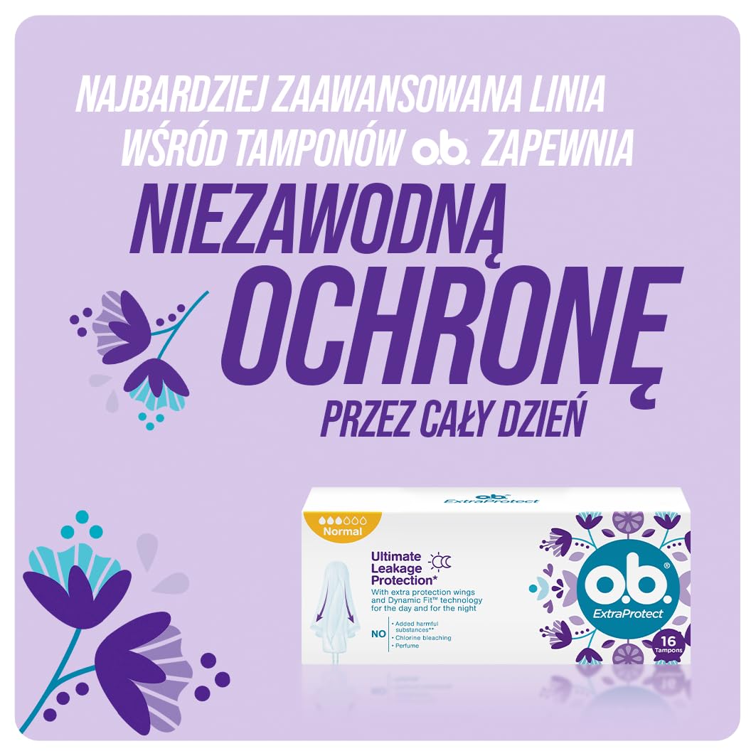 o.b. ExtraProtect Super Tampony 42 szt., dodatkowe skrzydełka zabezpieczające, do 100% ochrony przed przeciekaniem w dzień i w nocy, na obfite krwawienie, duże opakowanie
