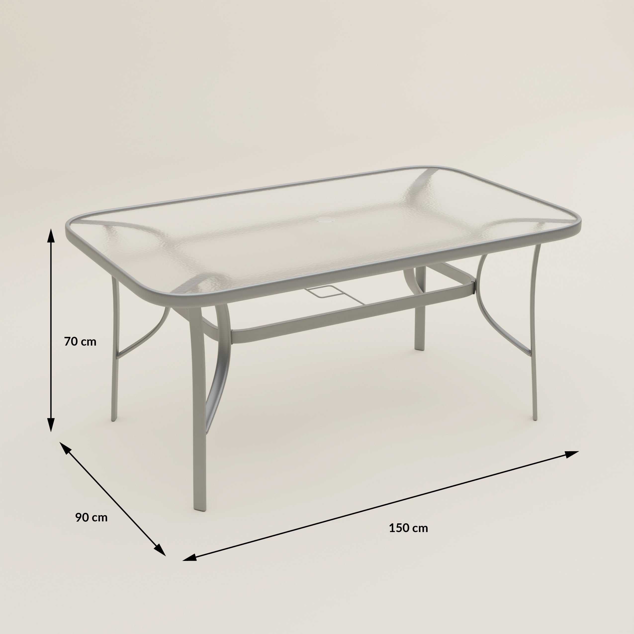ZENJOY, Kindly, Gartenmöbel Set mit 6 Stühlen, Gartenmöbel Set, 150x90cm Glastisch mit Loch für einen Regenschirm, Stapelbare Textilene-Stühle, Wetterfest, UV-beständig, Grau