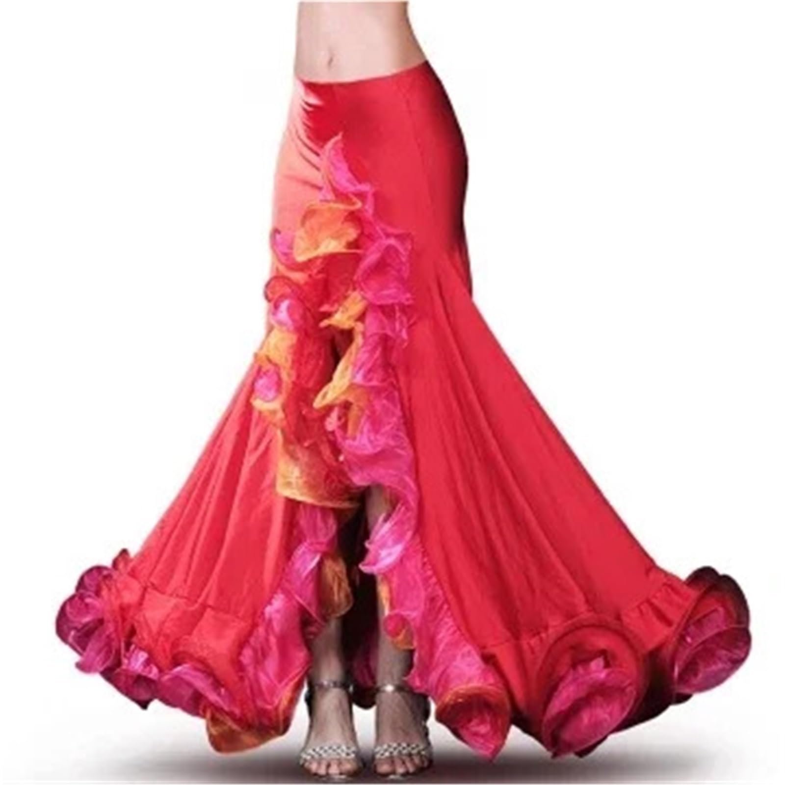 Falda de danza del vientre con hendidura falda profesional para niñas, ropa de danza del vientre para mujeres mayores (rojo)