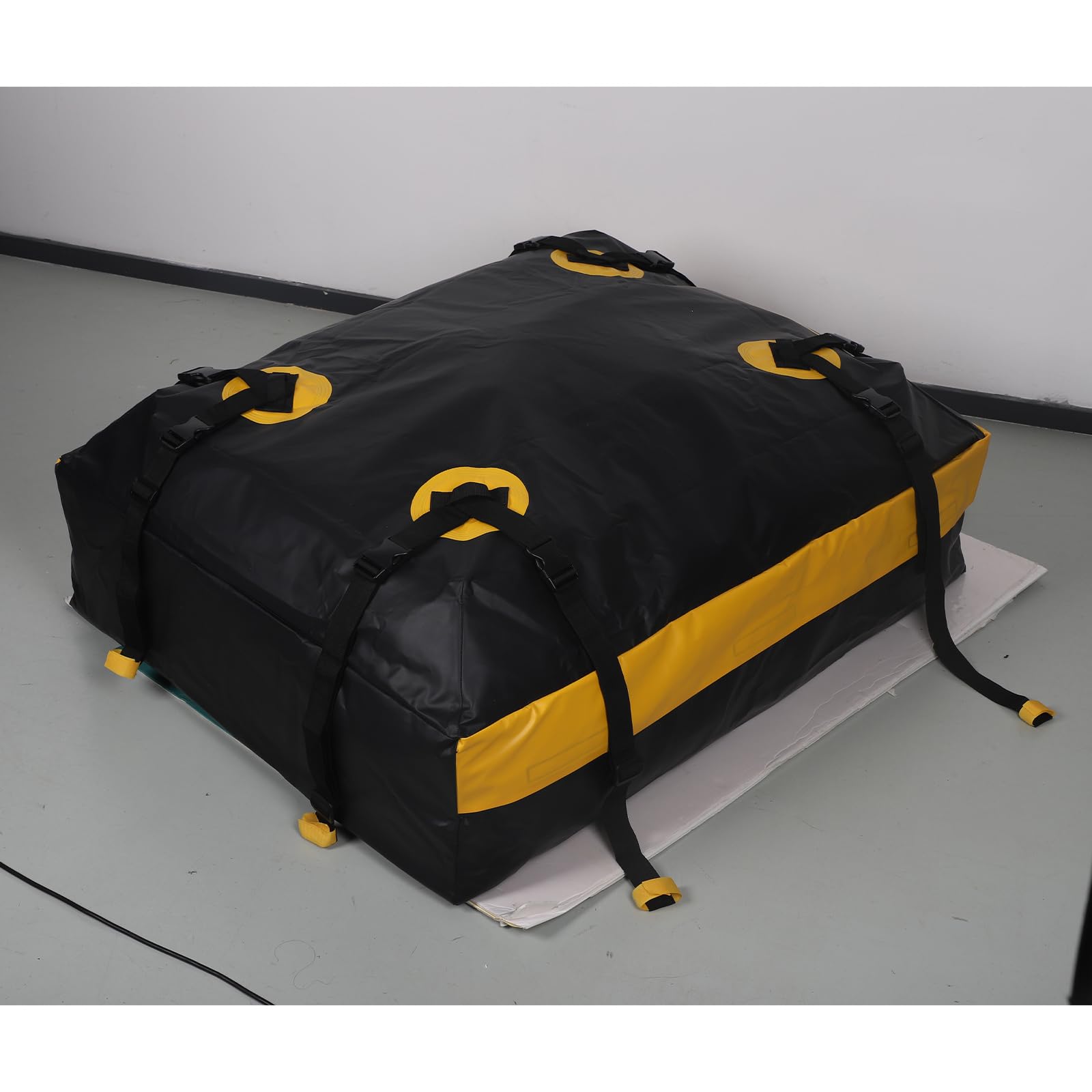 ISOPHO Borsa portatutto Borsa da tetto per auto, 425L Box da tetto pieghevole impermeabile per borsa da tetto auto senza ringhiera/con ringhiera, nero/giallo Box da tetto Con 6 cinghie, di cui 4 fisse