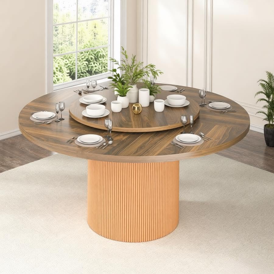Image of 55 inch Round Dining Table for 4-6 People, Modern Farmhouse Dining Kitchen Table with Fluted Cylindrical Pedestal Base for Dining Room, Living Room, Kitchen, 360 Rotating(Chairs Not Included)