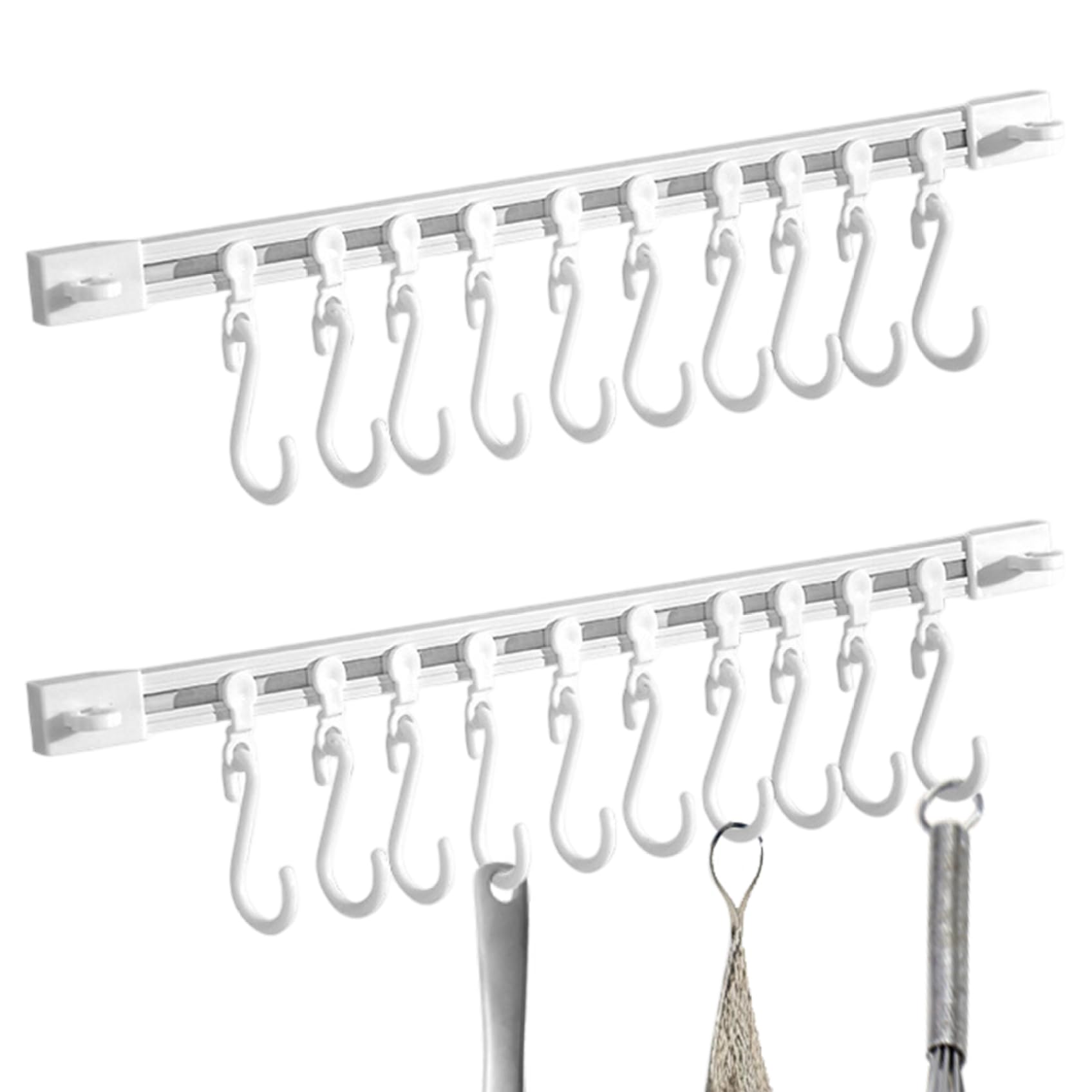 Hbbgdiy 2Pcs 12" Heavy-Duty Self-Adhesive Kitchen Utensil Hanger Rack With 10 Slide Hooks, Pvc Wall-Mounted Or Cabinet Hook Rail For Spatulas, Mugs, Tools